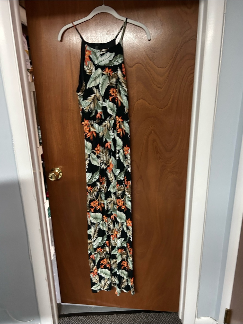 Forever 21 Black Maxi Dress with Orange and Green Tropical Print
